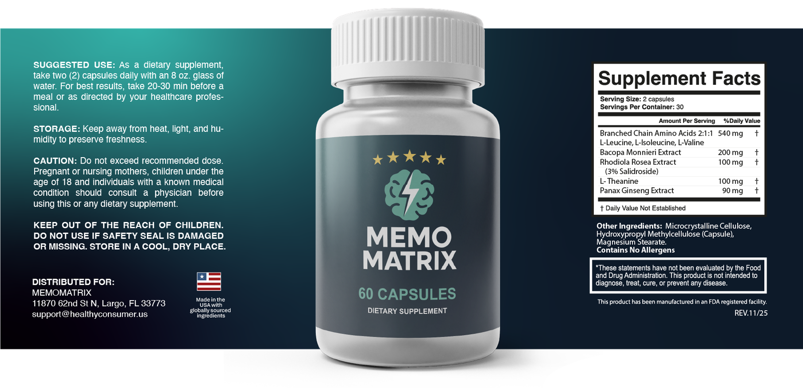 Memo Matrix Supplement Facts — full product label, 60 capsules